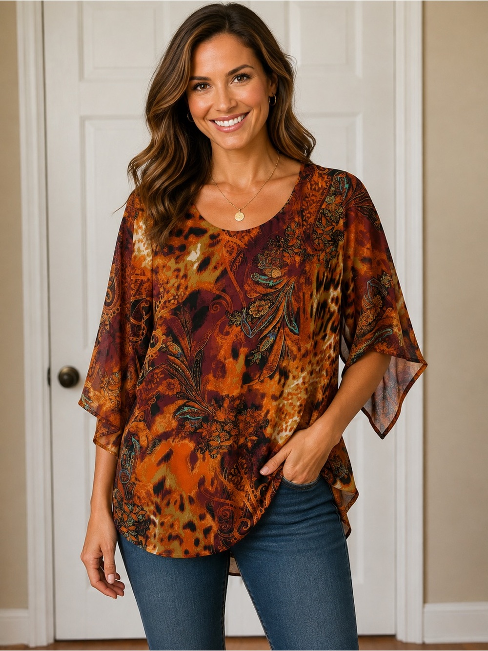 Paisley & Animal Print Blouse in Orange — Lightweight Women's Top S NWT